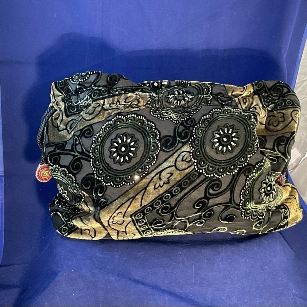 Rare Boho Vintage Beaded Velvet Evening Bag Embroidered Floral Jewel Purse